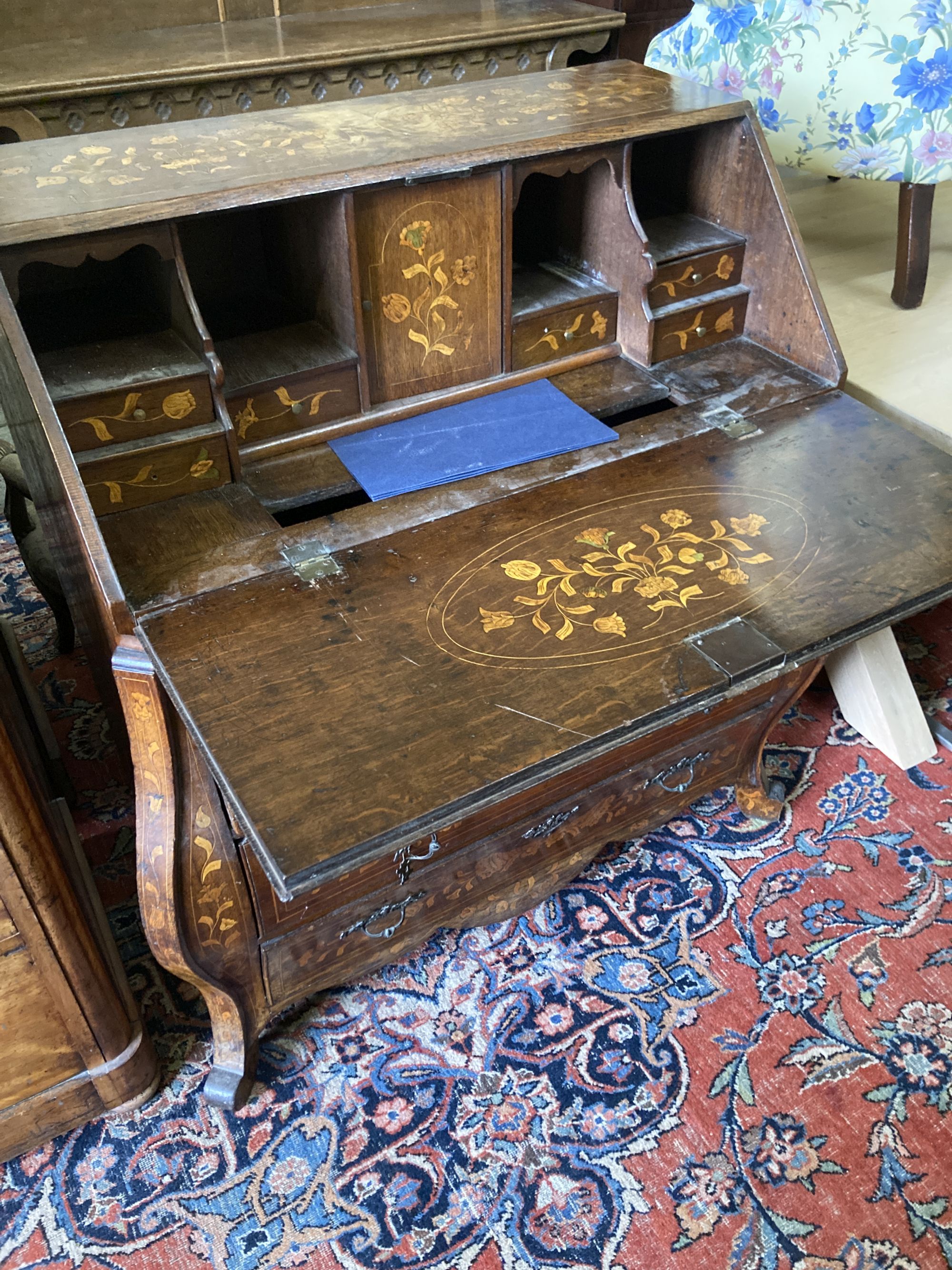 A Dutch marquetry oak and mahogany bombe bureau, circa 1800, width 104cm, depth 56cm, height 110cm